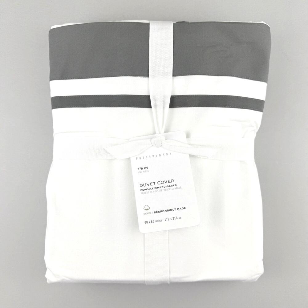 Pottery Barn Parker Duvet Cover TWIN Organic Percale White Flagstone Gray New
